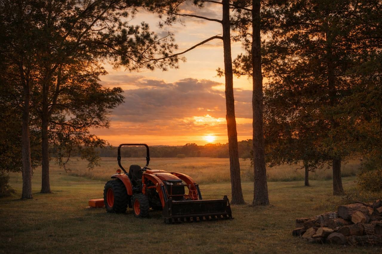 Tractor at golden hour on the farm