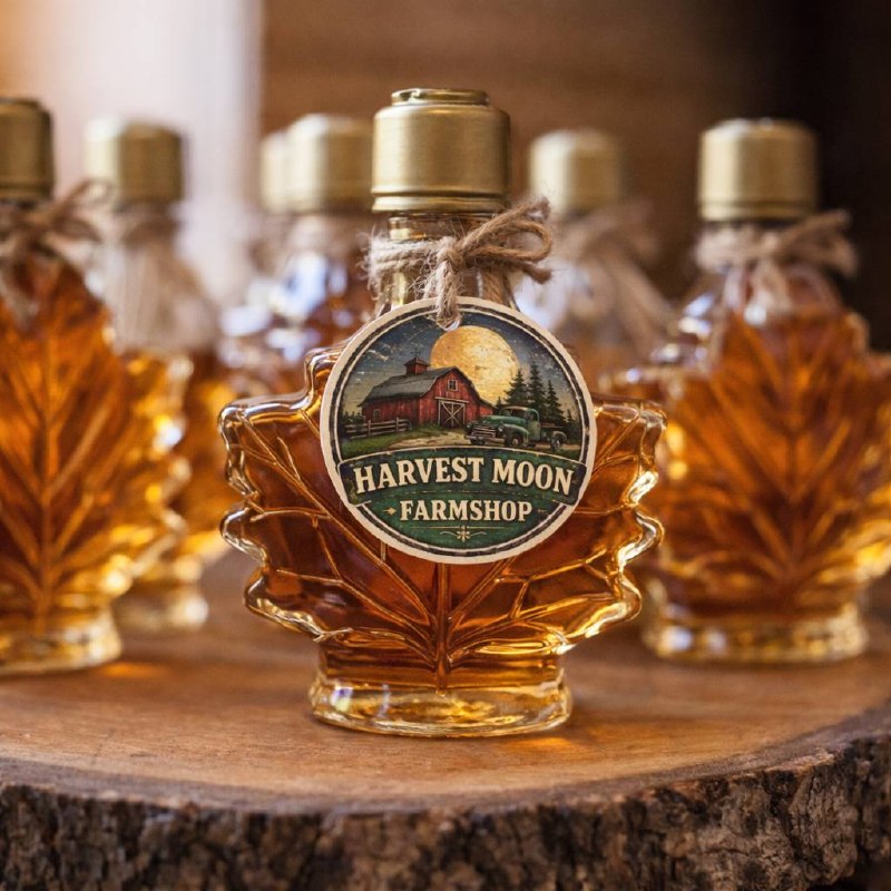 Maple syrup bottles with Harvest Moon Farm tags